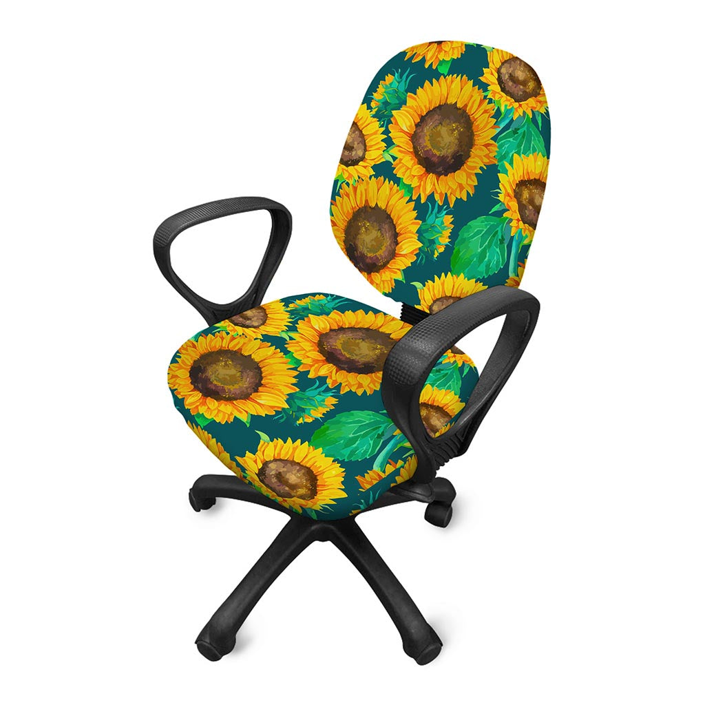 Green Watercolor Sunflower Pattern Print Office Chair Cover