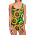 Green Watercolor Sunflower Pattern Print One Piece Swimsuit