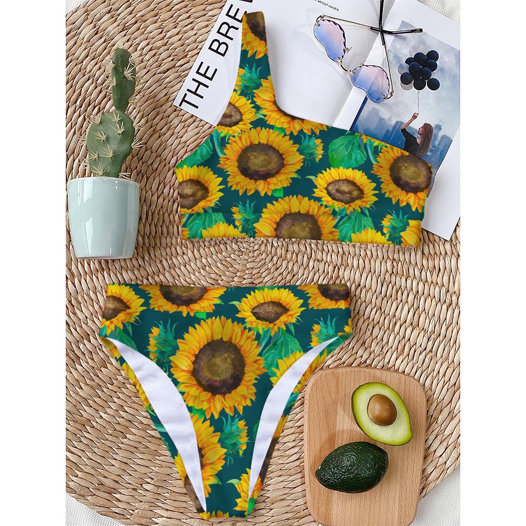 Green Watercolor Sunflower Pattern Print One Shoulder Bikini Top
