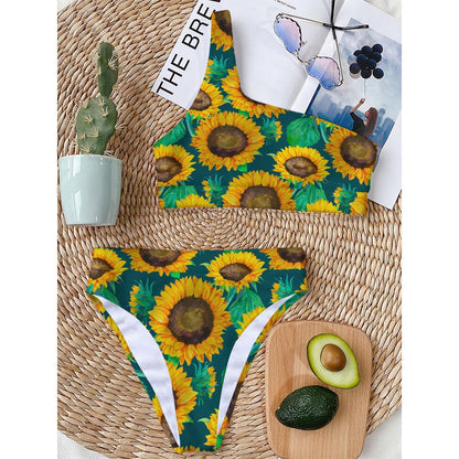 Green Watercolor Sunflower Pattern Print One Shoulder Bikini Top