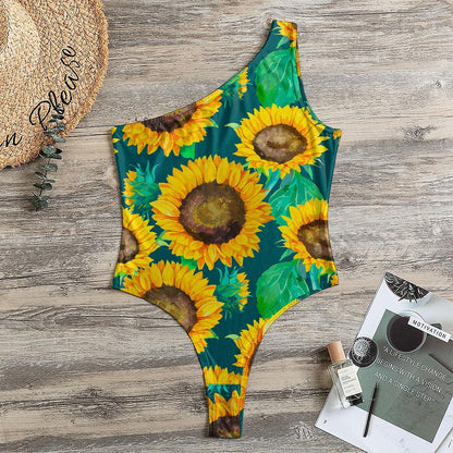 Green Watercolor Sunflower Pattern Print One Shoulder Bodysuit