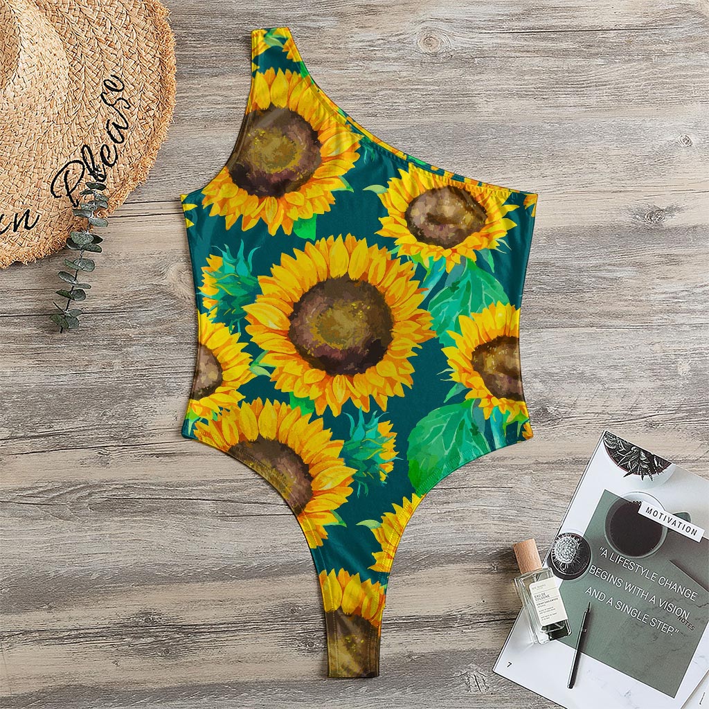 Green Watercolor Sunflower Pattern Print One Shoulder Bodysuit