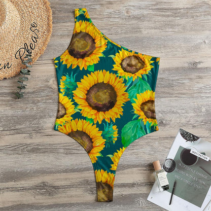 Green Watercolor Sunflower Pattern Print One Shoulder Bodysuit