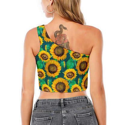 Green Watercolor Sunflower Pattern Print One Shoulder Crop Top