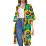 Green Watercolor Sunflower Pattern Print Open Front Beach Cover Up