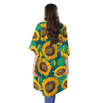 Green Watercolor Sunflower Pattern Print Open Front Beach Cover Up
