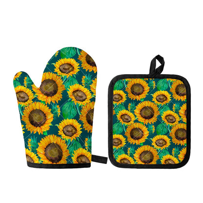 Green Watercolor Sunflower Pattern Print Oven Mitt And Pot Holder Set