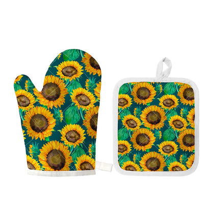 Green Watercolor Sunflower Pattern Print Oven Mitt And Pot Holder Set