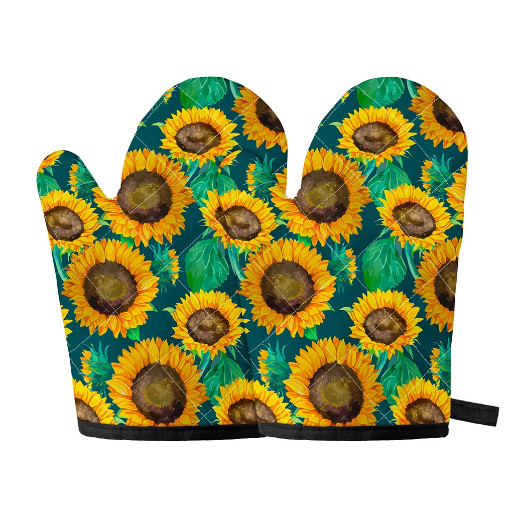 Green Watercolor Sunflower Pattern Print Oven Mitts