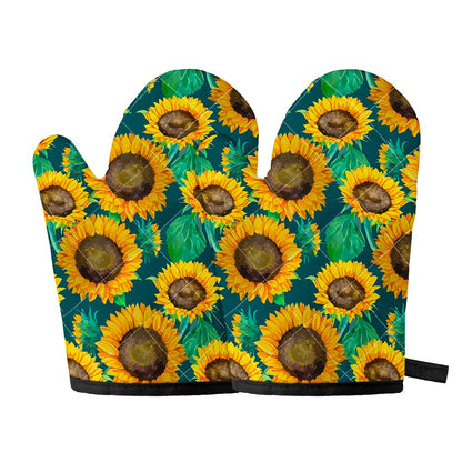 Green Watercolor Sunflower Pattern Print Oven Mitts