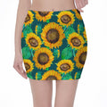 Green Watercolor Sunflower Pattern Print Pencil Mini Skirt
