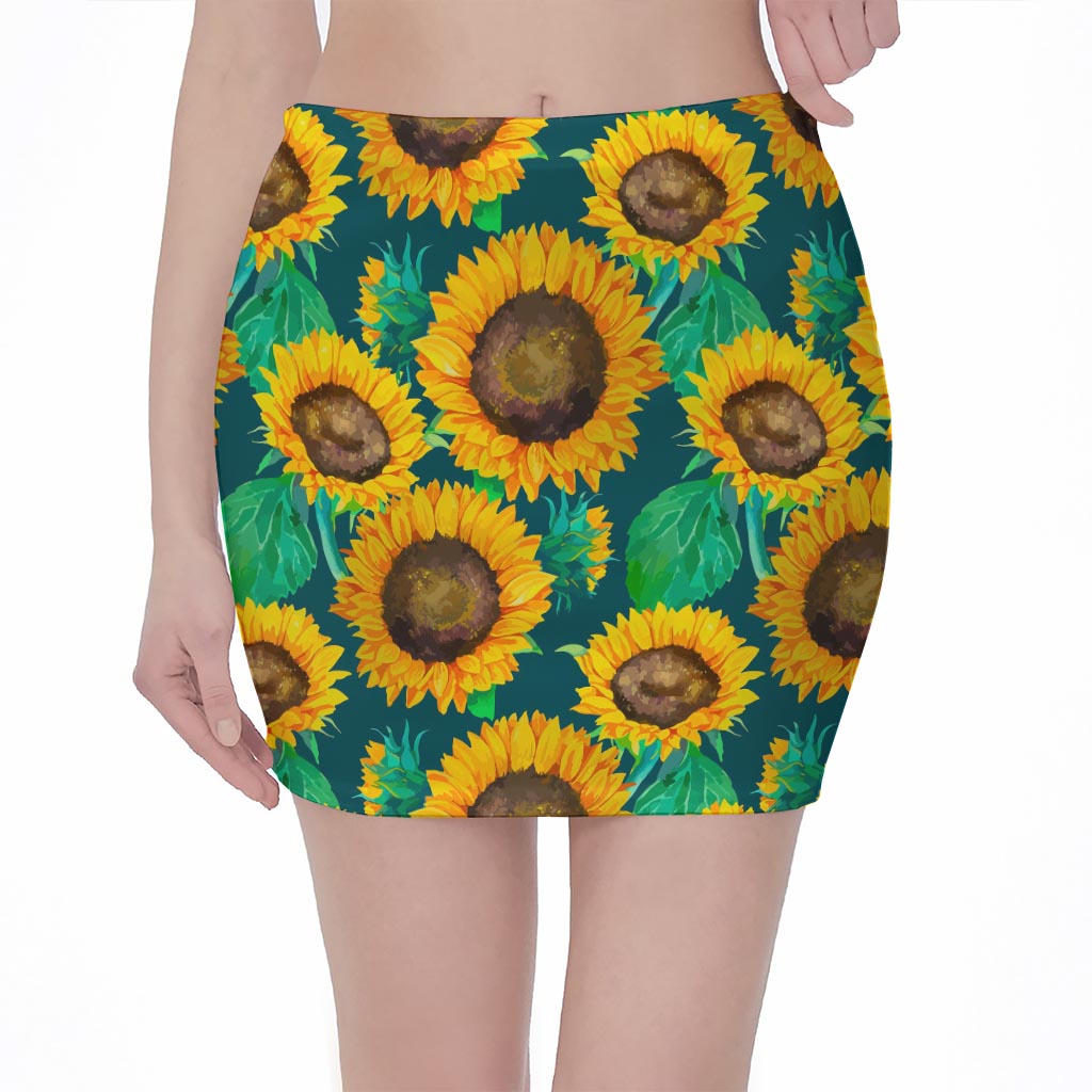 Green Watercolor Sunflower Pattern Print Pencil Mini Skirt
