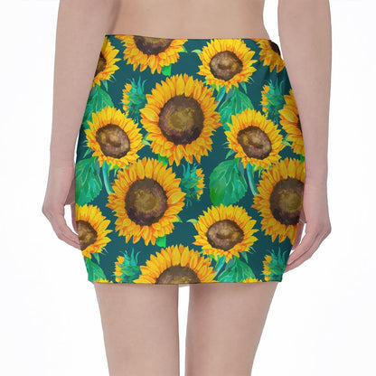 Green Watercolor Sunflower Pattern Print Pencil Mini Skirt