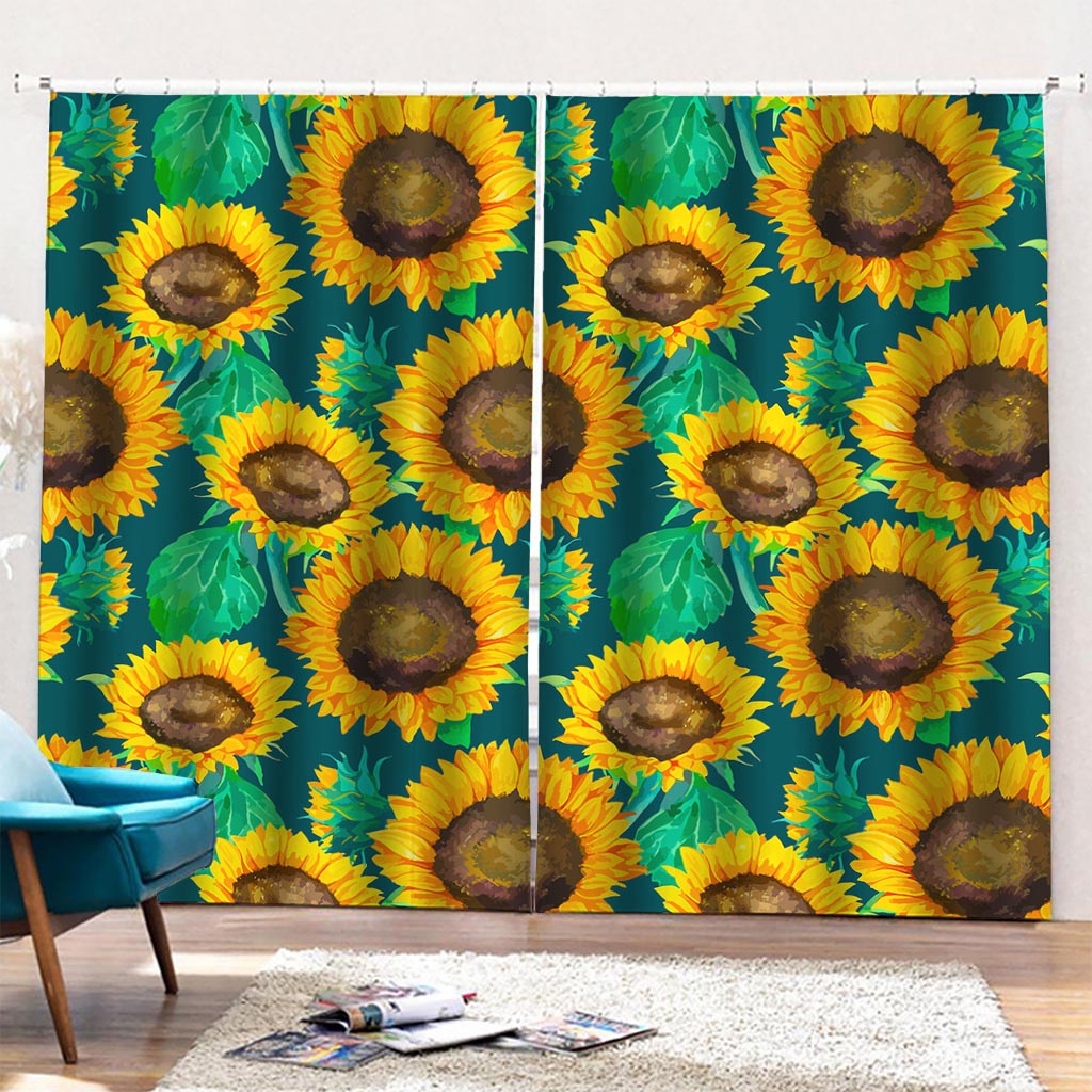 Green Watercolor Sunflower Pattern Print Pencil Pleat Curtains