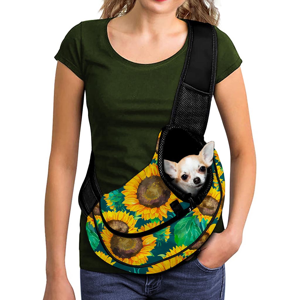 Green Watercolor Sunflower Pattern Print Pet Sling Carrier
