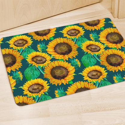 Green Watercolor Sunflower Pattern Print Polyester Doormat