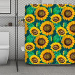 Green Watercolor Sunflower Pattern Print Polyester Shower Curtain