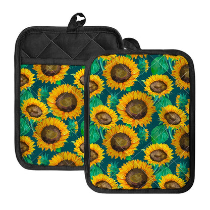 Green Watercolor Sunflower Pattern Print Pot Holders With Pocket