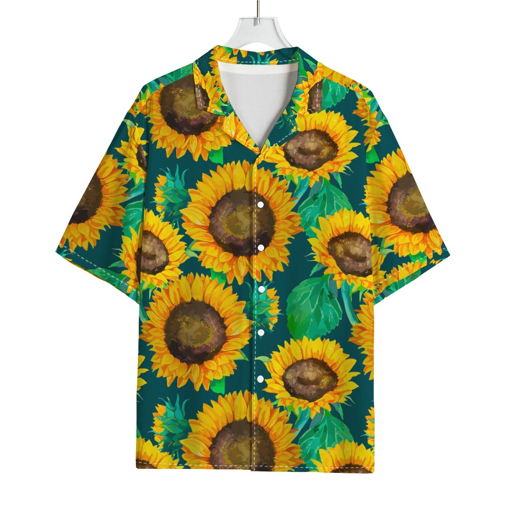 Green Watercolor Sunflower Pattern Print Rayon Hawaiian Shirt