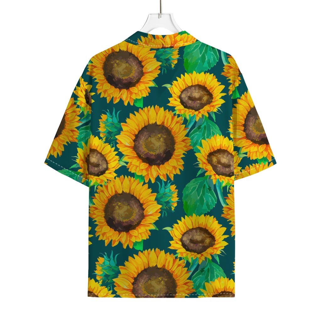 Green Watercolor Sunflower Pattern Print Rayon Hawaiian Shirt