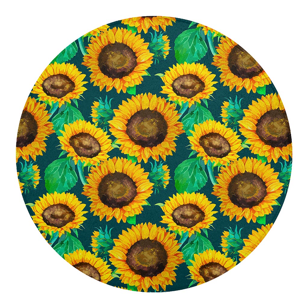 Green Watercolor Sunflower Pattern Print Round Blanket