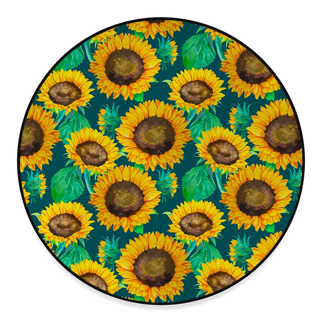 Green Watercolor Sunflower Pattern Print Round Floor Mat