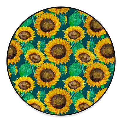 Green Watercolor Sunflower Pattern Print Round Floor Mat