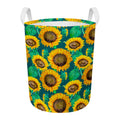 Green Watercolor Sunflower Pattern Print Round Laundry Basket
