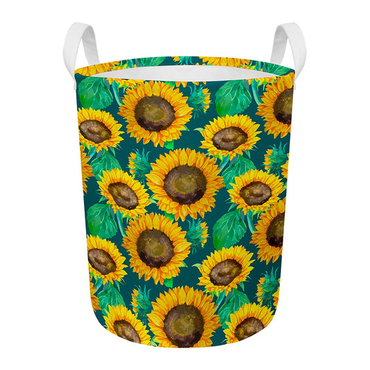 Green Watercolor Sunflower Pattern Print Round Laundry Basket