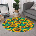 Green Watercolor Sunflower Pattern Print Round Rug