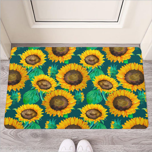 Green Watercolor Sunflower Pattern Print Rubber Doormat