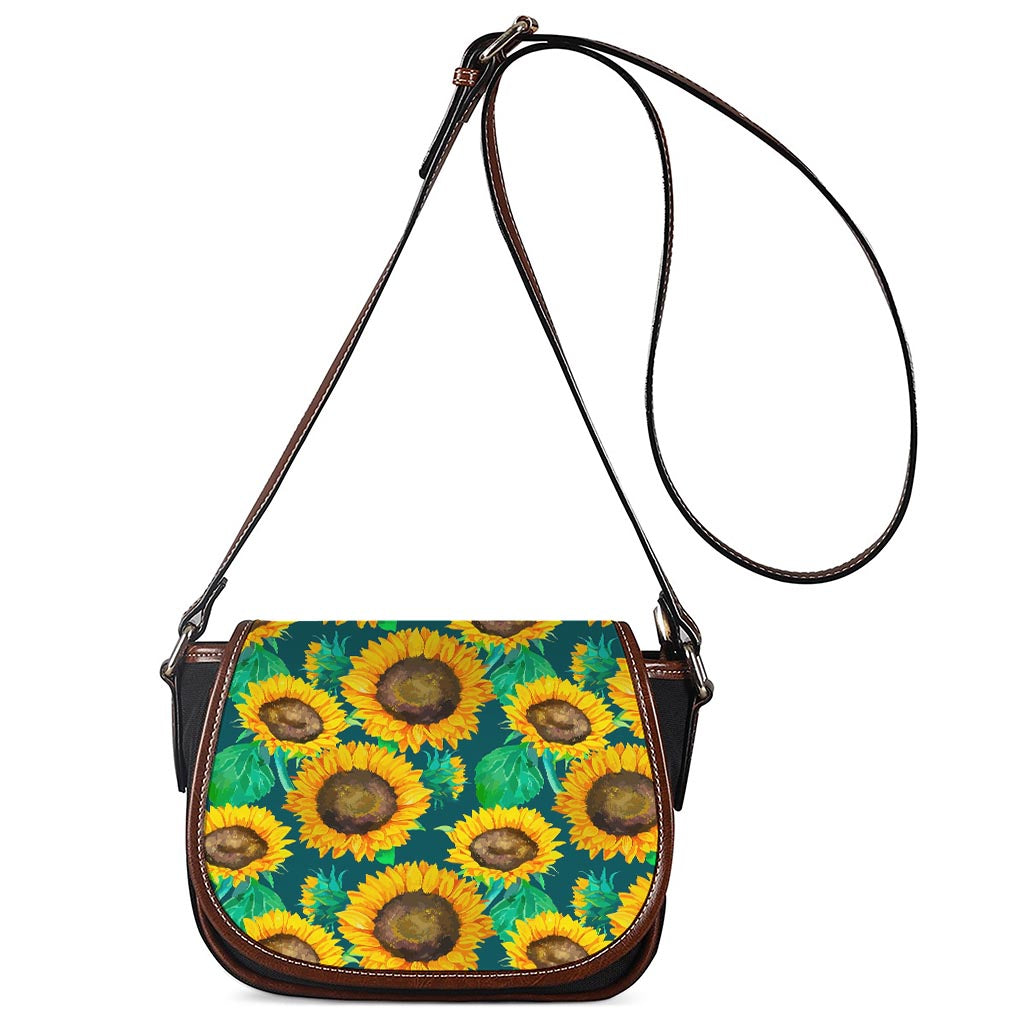 Green Watercolor Sunflower Pattern Print Saddle Bag