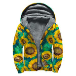 Green Watercolor Sunflower Pattern Print Sherpa Lined Zip Up Hoodie