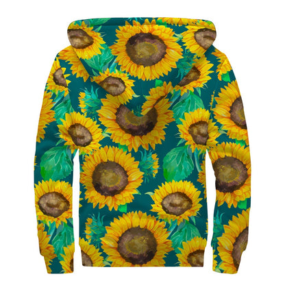 Green Watercolor Sunflower Pattern Print Sherpa Lined Zip Up Hoodie
