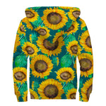 Green Watercolor Sunflower Pattern Print Sherpa Lined Zip Up Hoodie