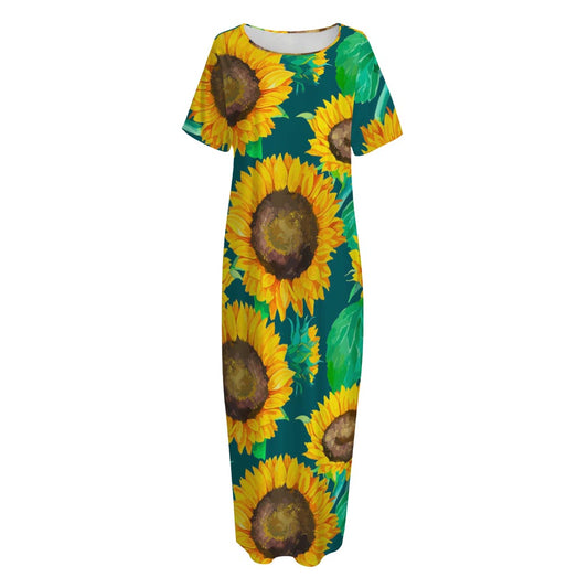 Green Watercolor Sunflower Pattern Print Short Sleeve Long Nightdress