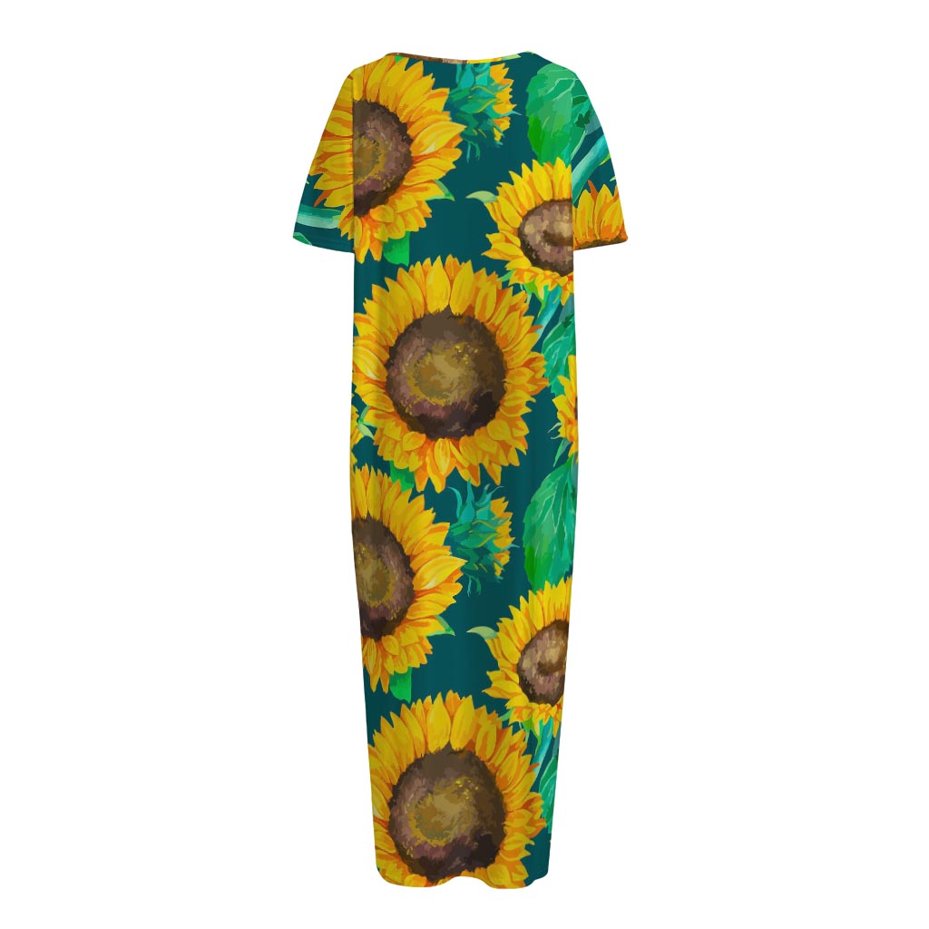 Green Watercolor Sunflower Pattern Print Short Sleeve Long Nightdress