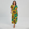 Green Watercolor Sunflower Pattern Print Short Sleeve Maxi Dress