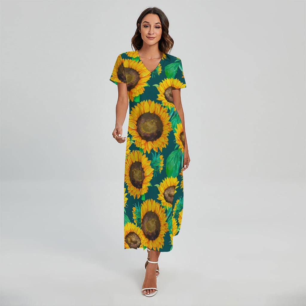 Green Watercolor Sunflower Pattern Print Short Sleeve Maxi Dress
