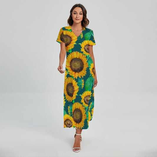 Green Watercolor Sunflower Pattern Print Short Sleeve Maxi Dress