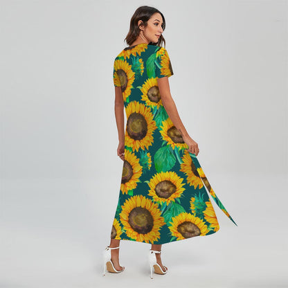 Green Watercolor Sunflower Pattern Print Short Sleeve Maxi Dress