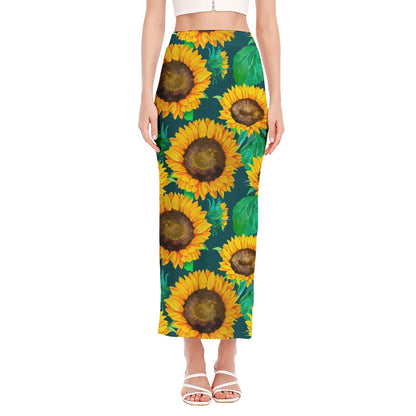 Green Watercolor Sunflower Pattern Print Side Slit Maxi Skirt