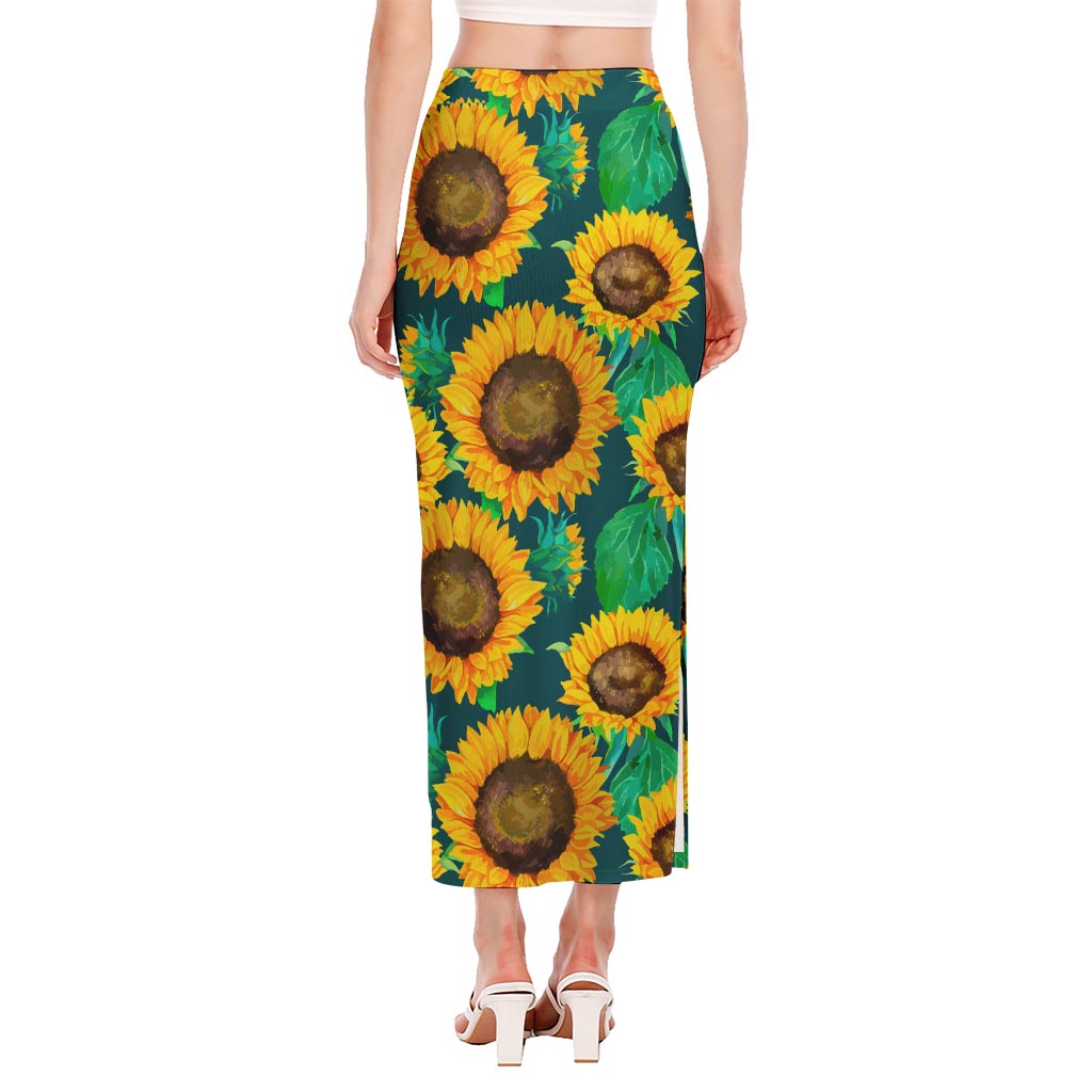 Green Watercolor Sunflower Pattern Print Side Slit Maxi Skirt