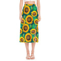 Green Watercolor Sunflower Pattern Print Side Slit Midi Skirt