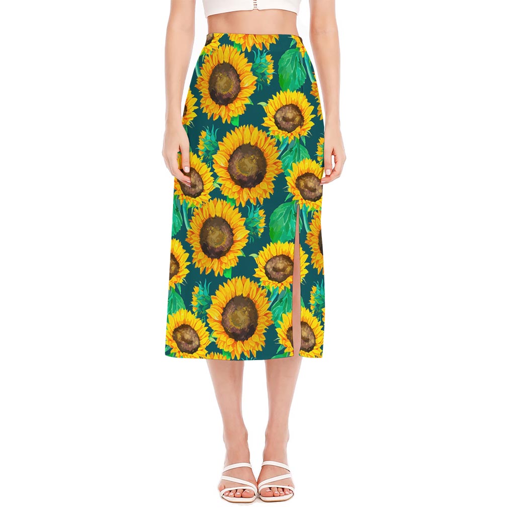 Green Watercolor Sunflower Pattern Print Side Slit Midi Skirt