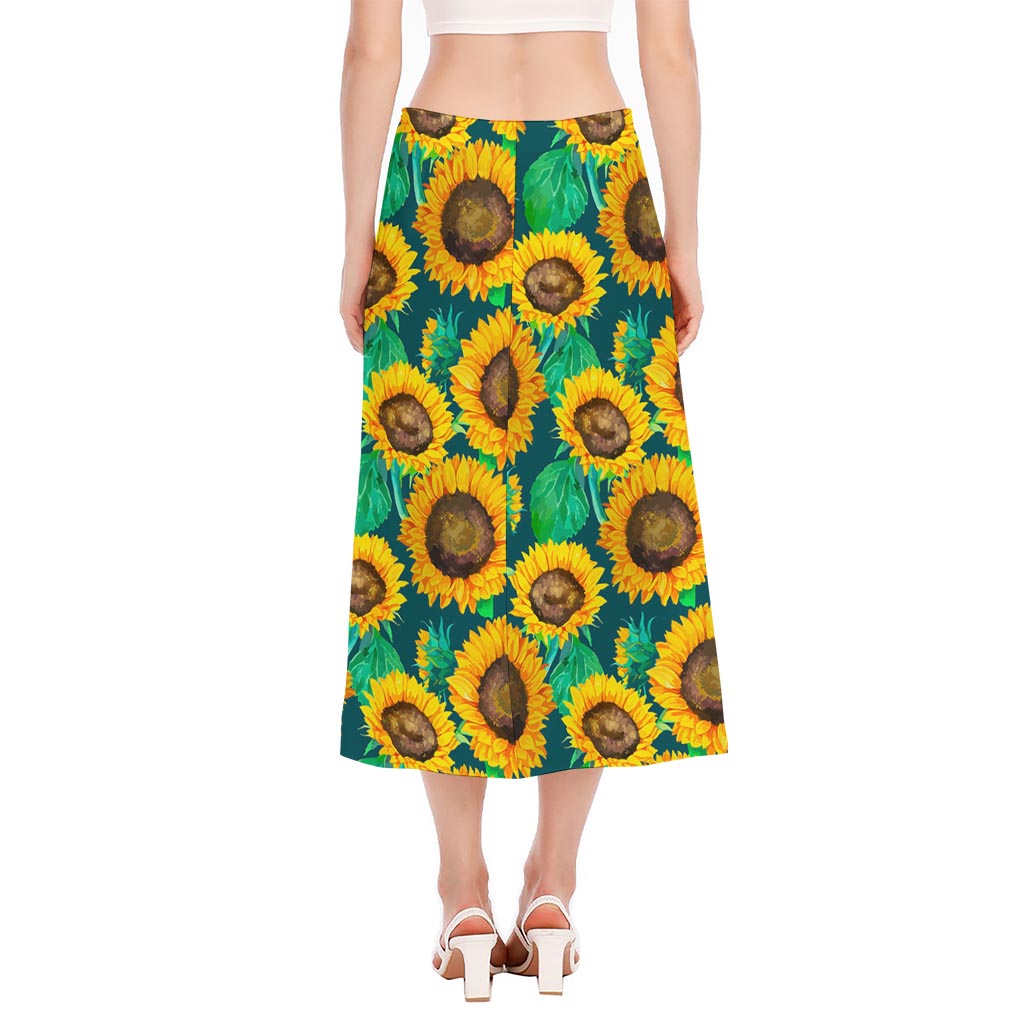 Green Watercolor Sunflower Pattern Print Side Slit Midi Skirt