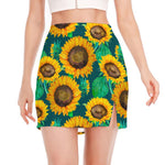 Green Watercolor Sunflower Pattern Print Side Slit Mini Skirt