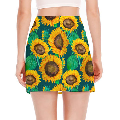 Green Watercolor Sunflower Pattern Print Side Slit Mini Skirt