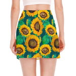 Green Watercolor Sunflower Pattern Print Side Slit Mini Skirt