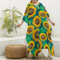 Green Watercolor Sunflower Pattern Print Silk V-Neck Kaftan Dress